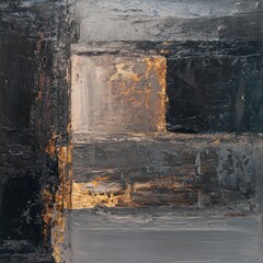 Abstract painting, dark and light gray, gold accents, textured, squared forms