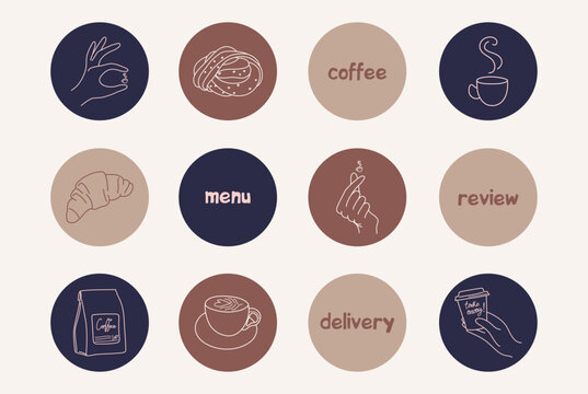 Coffee. Social media Highlight covers. Vector pictograms for coffee shop, bakery, cafe. Cute hand drawn linear icons.
 - Powered by Adobe