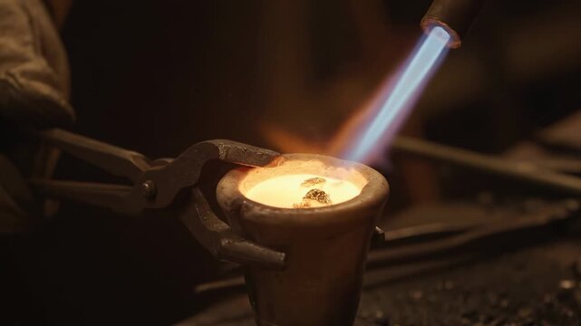 Goldsmith Melting Gold in Crucible - Close-up shot of a goldsmith using a torch to melt precious metal pieces inside a crucible. The glowing molten gold is held with tongs.