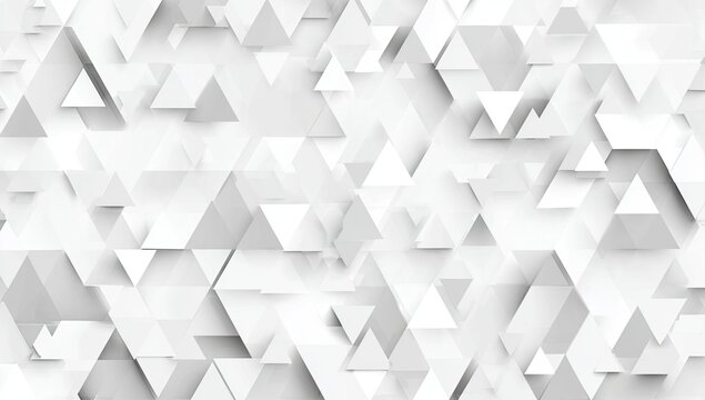 Abstract composition of white, 3D triangles in varying sizes, overlapping to create shadows