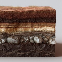 Cross-section of earth layers, showing soil strata, rocks, and roots.  Detailed view of various geological components