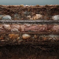 Cross-section view of layered earth strata.  Roots penetrate layers