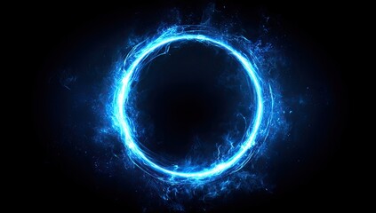 Luminous blue energy ring glows against a black background, creating a celestial portal effect