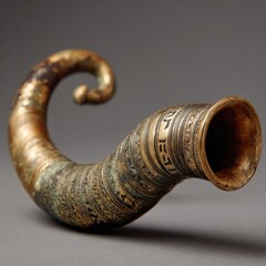 Ornate, curved, brass-like horn, possibly ceremonial.  Decorative bands encircle the horn, featuring inscribed text.  Object displayed on a neutral background