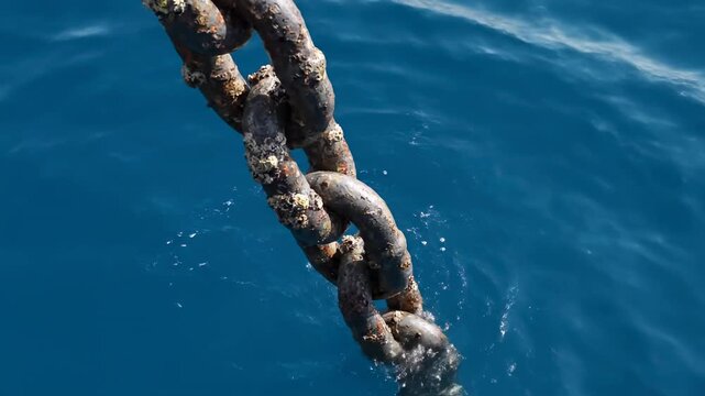 Rusty Anchor Chain Lowering into Ocean - Close-up view of a rusty anchor chain lowering into dark blue ocean water. Barnacles are visible on the chain links as it descends.