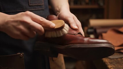 Craftsman Polishing Leather Boots - Close-up shot of a shoemaker's hands meticulously polishing a brown leather boot with a brush in his workshop.