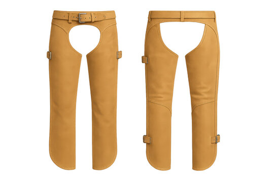 Tan leather chaps, cowboy riding apparel, isolated on transparent background