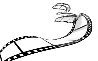 A looping film strip in grayscale floats against a white backdrop, creating a dynamic shape