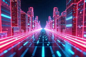 3D Neon City Architecture: Vibrant Geometric Shapes Against Digital Grid Backdrop