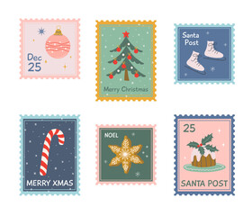 Christmas postage stamps collection. Winter holidays prints for greeting card and textile. Cute xmas posters or labels. Hand drawn flat design illustration.