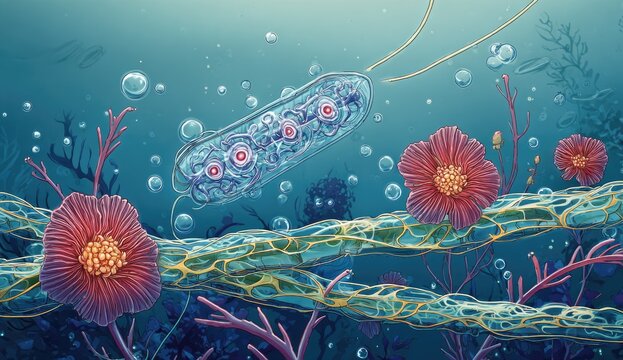 Digital illustration of a microscopic scene; bioluminescent organisms in a watery environment
