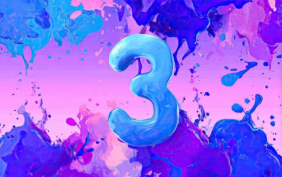 A vibrant, glossy, blue number "3" floats amid colorful paint splatters