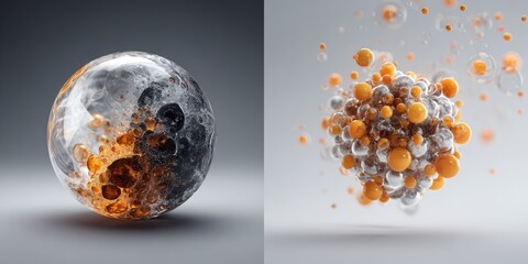 Two images a sphere with internal textures and a cluster of spheres against a gradient background