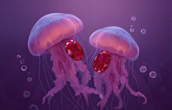 Two glowing jellyfish with ruby gems suspended, floating in deep, purple ocean