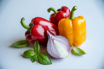 Sweet Pepper Onion and Basil Leaves Isolated on White Background
