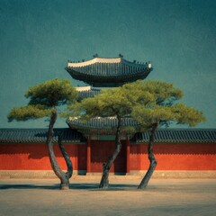Asian temple, layered roofs, vibrant trees