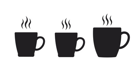 Three black coffee cups with rising steam simple graphic illustration
