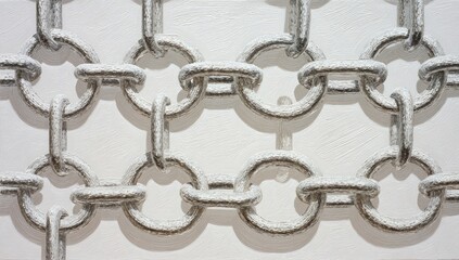 Close-up shows a textured, monochrome artwork of interlocking chain links against a white background