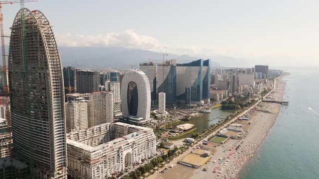 Batumi, Georgia - 19th august, 2025: Aerial view Batumi highrise skyline beachfront landmarks, new real estate property buildings hotels.Popular summer travel destination Adjara region.Black sea coast