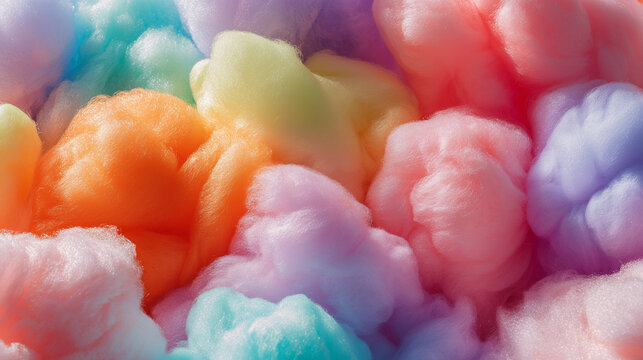 Bright multicolored candy floss clouds create a whimsical cotton candy landscape in a playful and vibrant display of sweet textures - Powered by Adobe
