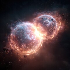 Two planets colliding in space, a fiery cosmic crash.  Vast plumes of glowing gas and debris surround the fractured orbs