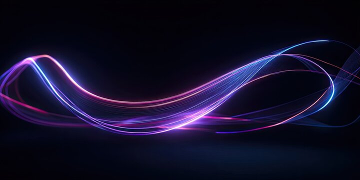Swirling, glowing ribbons of light in blue, purple, and pink against a black backdrop