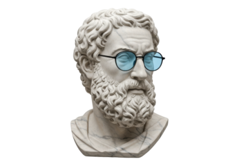 Marble bust of a man with beard and glasses isolated on transparent PNG, ancient sculpture