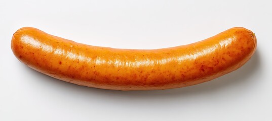Single cooked sausage, light orange color, curved shape