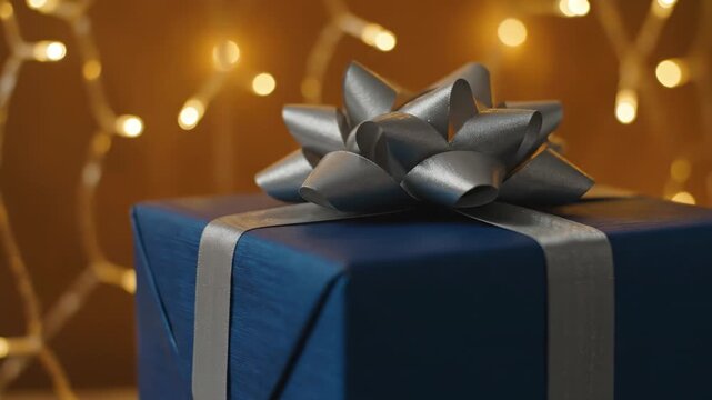 Festive Gift with Silver Bow and Lights - Close-up of a beautifully wrapped blue gift box adorned with a silver ribbon and bow. Warm, festive string lights create a bokeh background.