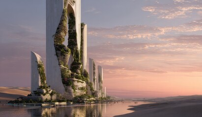 Futuristic megastructure with natural elements, reflecting in water at dawn or dusk