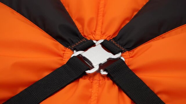 Close-up of Orange and Black Parachute Buckle - A detailed close-up shot focuses on the buckle and straps of a neatly packed orange and black parachute.
