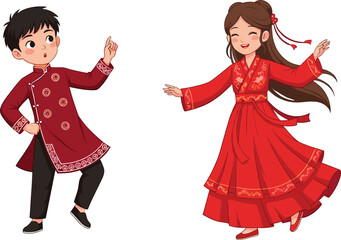 Cartoon boy and girl dancing in traditional Chinese clothing, festive red outfits, cultural celebration, happy children illustration, heritage festival scene