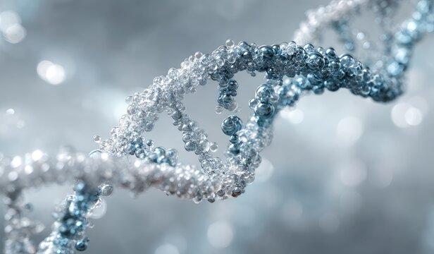 A detailed macro shot of a sparkling DNA double helix against a blurred, ethereal backdrop - Powered by Adobe