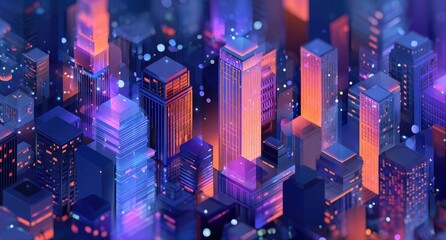 Isometric cityscape illuminated in vivid neon hues, digital art style, showcasing architecture