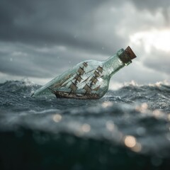 A glass bottle, corked, containing a miniature sailing ship, adrift in a stormy sea
