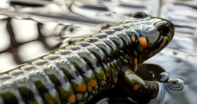 Close-up of a vibrant, patterned amphibian resting on a reflective surface