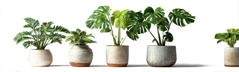 Four potted houseplants in various styles, presented against a white background