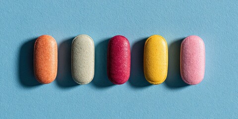 Five colorful oval pills arranged on a light blue background, showcasing a spectrum of hues