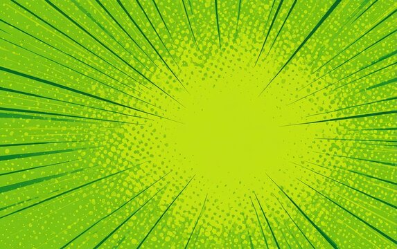 Abstract green comic book style background with radial lines and halftone pattern