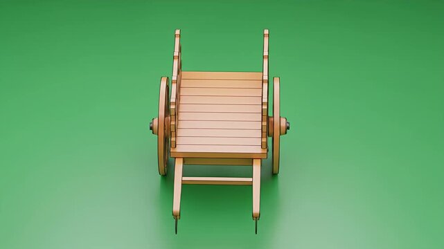 Wooden Bullock Cart Model Rotating on Green Background.