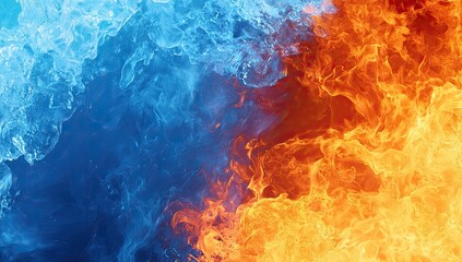 Vivid abstract representing fire and ice juxtaposed, merging in a vibrant, contrasting display