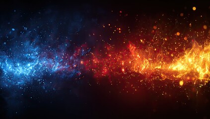 A contrasting image of fire and ice merging, with dynamic movement on a dark background