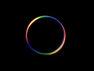 A vibrant, colorful neon ring glows against a stark black background, creating a focal point