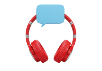 Red wireless headphones with blue speech bubble isolated PNG, modern audio device for communication