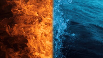 A split image showcasing fire on the left, and water on the right side