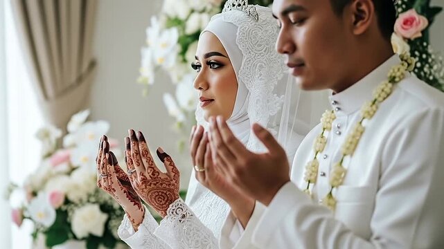 Serene Muslim Bride and Groom in White Wedding Attire Praying Solemnly on Their Special Day