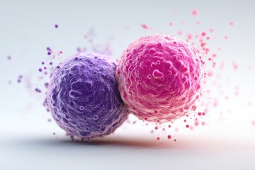 Two spherical, colorful cellular structures touching amidst scattered particulate matter