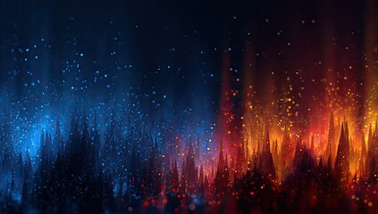 Abstract divide; cool blue meets fiery red with sparkling particles, dark background