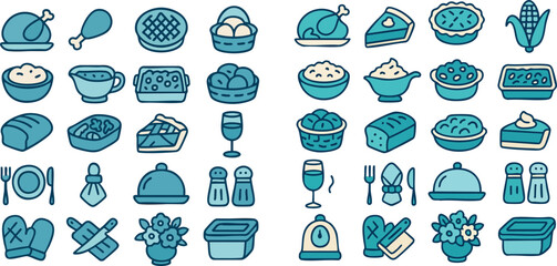 Blue Themed Thanksgiving Dinner Food and Cooking Icon Set.