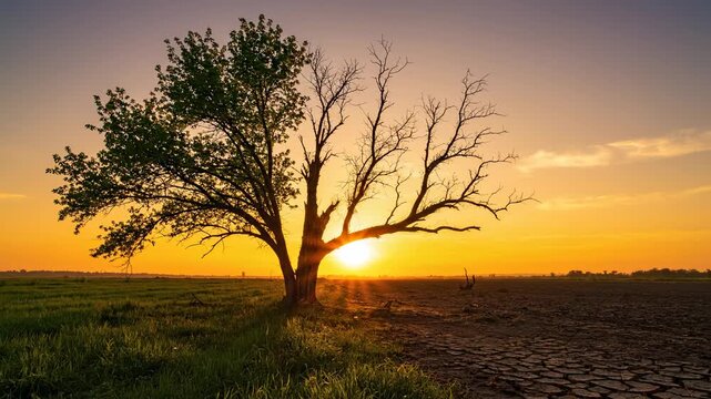 Sunrise Silhouette of a Half-Dead Tree - A solitary tree, half alive and half dead, stands silhouetted against a vibrant sunrise.